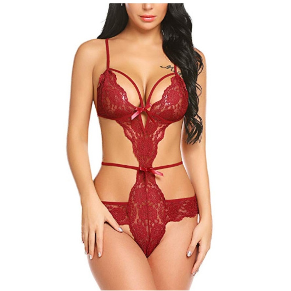 Lace Lingerie Deep V Teddy Babydoll Mini Bodysuit